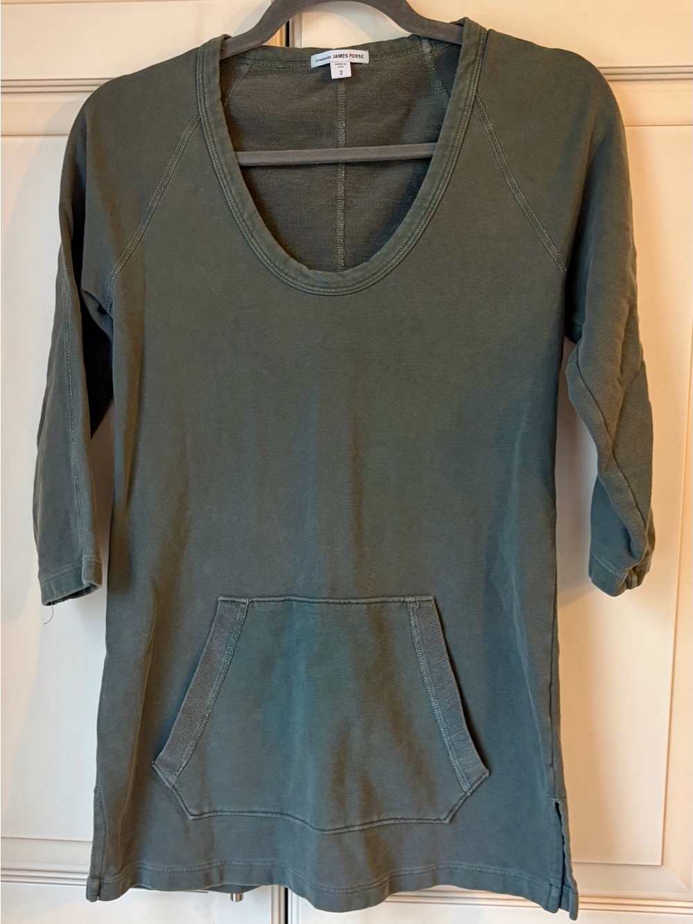 James Perse Washed Olive Scoop Neck top with Kangaroo Pocket sz 2 (small-med)